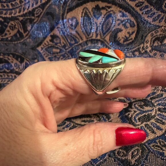 Turquoise Coral Obsidian and Abalone Shell Sterling Silver Ring - Picture 2 of 4